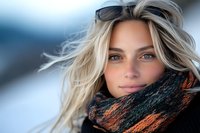 Young blonde woman with windswept hair wearing cozy knit scarf outdoors in winter. Natural soft lighting highlights blue eyes and glowing skin against snowy background.