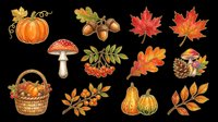 Autumn harvest clipart set with pumpkins, mushrooms, maple leaves, acorns, berries, and basket, isolated on transparent background, ready for stickers, sublimation, and t-shirt design.