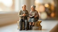 Senior Caucasian couple sitting on stack of coins reading financial documents together planning retirement savings and investment strategy.
