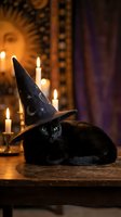 Black cat wearing witch hat with candles in mystical room for Halloween celebration and magical themed decorations.