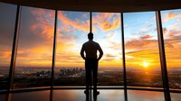 Silhouette of businessman standing at panoramic window overlooking cityscape during dramatic orange sunset, symbolizing leadership and success in corporate world.