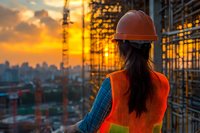 Female construction engineer in safety vest and hardhat overlooking urban construction site at sunset, with cityscape and crane silhouettes creating dramatic golden hour atmosphere.