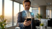 Professional businessman using smartphone with digital rating interface displaying customer feedback stars and communication icons in modern office environment.