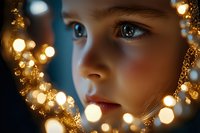 Close up portrait with magical golden bokeh lights creating dreamy atmosphere, soft focus on eye and face profile against dark background.