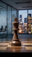 Wooden chess queen piece positioned on chessboard in modern office with city skyline view through floor-to-ceiling windows at dusk, symbolizing strategy, leadership, and business success.