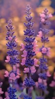 Purple lavender flowers with delicate pink blossoms against soft golden bokeh background, creating dreamy garden atmosphere in evening light.