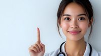 Young Asian female medical professional in white coat and stethoscope pointing upward with index finger, showing positive expression against light background.