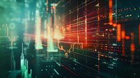 Dynamic stock market data visualization with glowing candlestick charts and financial graphs in red and turquoise colors against dark background. Modern trading analysis.