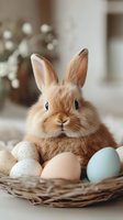 Adorable ginger bunny sitting in wicker basket with pastel Easter eggs, soft focus floral background creates festive spring atmosphere.