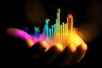 Glowing multicolored music equalizer bars floating above cupped hands against dark background, creating magical atmosphere for audio visualization and sound design.