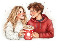 Young couple sharing popcorn, romantic date illustration with blonde woman in white sweater and man in red hoodie, cozy winter mood, sweet moment together.