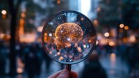 Magnifying glass reveals glowing human head silhouette with neural connections against blurred city bokeh background, concept of psychology and mind exploration.