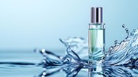 Luxury fragrance bottle with dynamic water splash against blue background, crystal clear liquid motion creating elegant curves and ripples around glass perfume container.