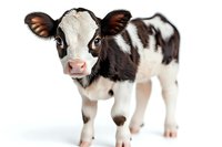 Young Holstein calf with brown and white spotted coat standing on white background, looking at camera with big eyes and pink nose, isolated on pure white.