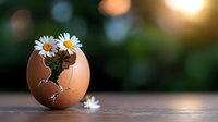 Fresh daisies growing from cracked brown eggshell on wooden surface against blurred bokeh background with warm sunset light, creative nature concept.