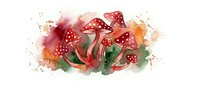 Red spotted mushrooms with green leaves in watercolor style on white background isolated for design projects and botanical illustrations.