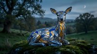Geometric deer sculpture with golden accents resting on mossy rock in twilight landscape with crescent moon and rolling hills for modern art projects.