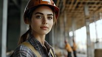 Young female construction worker in orange hard hat and plaid shirt looking confidently at camera. Industrial setting with natural lighting and blurred background.