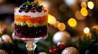 Layered dessert with berries and cream in glass against festive holiday lights and decorations, garnished with fresh mint and cranberries for winter celebration.