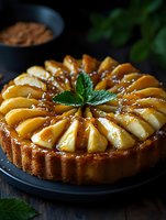 Apple tart with caramelized fruit slices arranged in circular pattern on pastry crust, garnished with fresh mint leaf, served on dark plate with nuts in background.