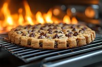 Freshly baked chocolate chip cookie pizza on cooling rack with warm fireplace flames creating cozy kitchen atmosphere for holiday baking and dessert preparation.
