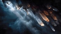 Dramatic space battle scene with futuristic warships and glowing engines in cosmic nebula with blue and orange lighting effects for sci-fi gaming content.