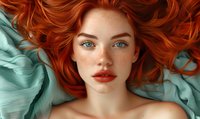 Young woman with bright red curly hair, blue eyes and freckles lying on mint green fabric. Natural beauty portrait showing flawless skin and red lips against soft background.