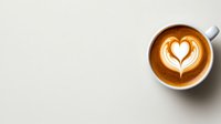 Cup of coffee with heart shape latte art on white ceramic mug against light background, minimalist composition with copy space for cafe menu or social media.