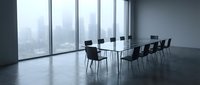 Modern conference table with black chairs in empty high-rise office overlooking city skyline, suitable for corporate meetings, business presentations, and professional workspace design projects.