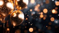 Luxurious copper and gold balloons with glitter sparkles against dark background create festive atmosphere for celebration, party or special occasion backdrop.