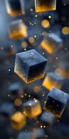 Floating golden cubes with glittering particles against dark blue background, creating magical atmosphere for luxury product advertising.