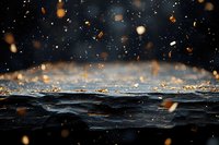 Dark stormy ocean waves under night sky with golden bokeh rain drops falling, creating dramatic moody seascape with glowing particles and water reflections.