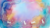 Watercolor pastel background with decorative cat border, floral swirls, and paw prints in soft pink, blue, and yellow tones.
