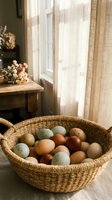 Wicker basket filled with colorful farm fresh eggs in rustic kitchen setting with natural sunlight streaming through window curtains.