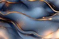 Abstract luxury background with flowing gold lines on dark blue and beige marble texture, sparkling golden particles create elegant wavy pattern.