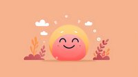 Cheerful smiling sun character with happy expression among clouds and decorative plants on coral background, cute minimal nature illustration for children design.