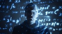 Digital human head silhouette with glowing mathematical equations and formulas floating around in blue light for artificial intelligence concepts.