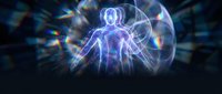 Glowing human figure surrounded by energy orb and light rays on dark background, representing spiritual awakening or futuristic science concept.