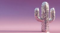 Sparkling silver sequined cactus sculpture on gradient purple pink background for modern home decor and desert themed interior design projects.