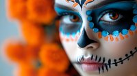 Close up portrait with traditional Mexican sugar skull face paint in vibrant orange and blue colors against blurred marigold flowers background. Day of Dead celebration makeup.