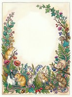 Woodland animals frame with mice, rabbits and forest creatures among wildflowers and plants on cream background for greeting cards and invitations.