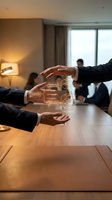 Business professionals protecting digital data with cybersecurity framework hologram during corporate meeting in modern conference room setting.