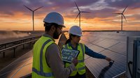 Two renewable energy engineers in safety helmets and high-visibility vests inspecting solar panels at wind farm during golden hour sunset for sustainable power generation.