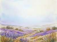 Lavender field landscape with rolling hills, wildflowers, and golden grasses under soft sky. Watercolor painting style artwork for home decor, wall art, and nature-themed designs.
