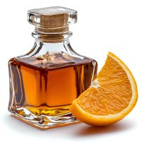 Square glass decanter with amber liquid and fresh orange slice on white background, elegant beverage composition for cocktail and spirits advertising.