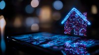 Glowing neon blue house hologram floating above laptop keyboard with bokeh background, representing smart home technology and digital real estate concept.