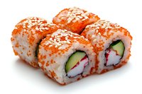 California roll sushi with crab meat, cucumber, rice, and orange tobiko caviar topped with white sesame seeds on white background, fresh Japanese cuisine.