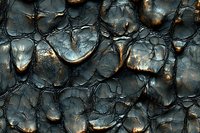 Dramatic dark charred surface with deep cracks and metallic copper highlights creates abstract organic pattern, suitable for luxury design backgrounds.