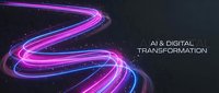 Glowing neon light trails in purple and blue creating dynamic flowing curves on dark background for AI and digital transformation concepts.