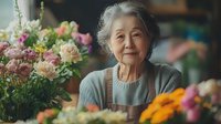 Senior Asian woman florist arranging colorful flowers in shop, elderly female entrepreneur working with fresh blooms, small business owner in flower store.